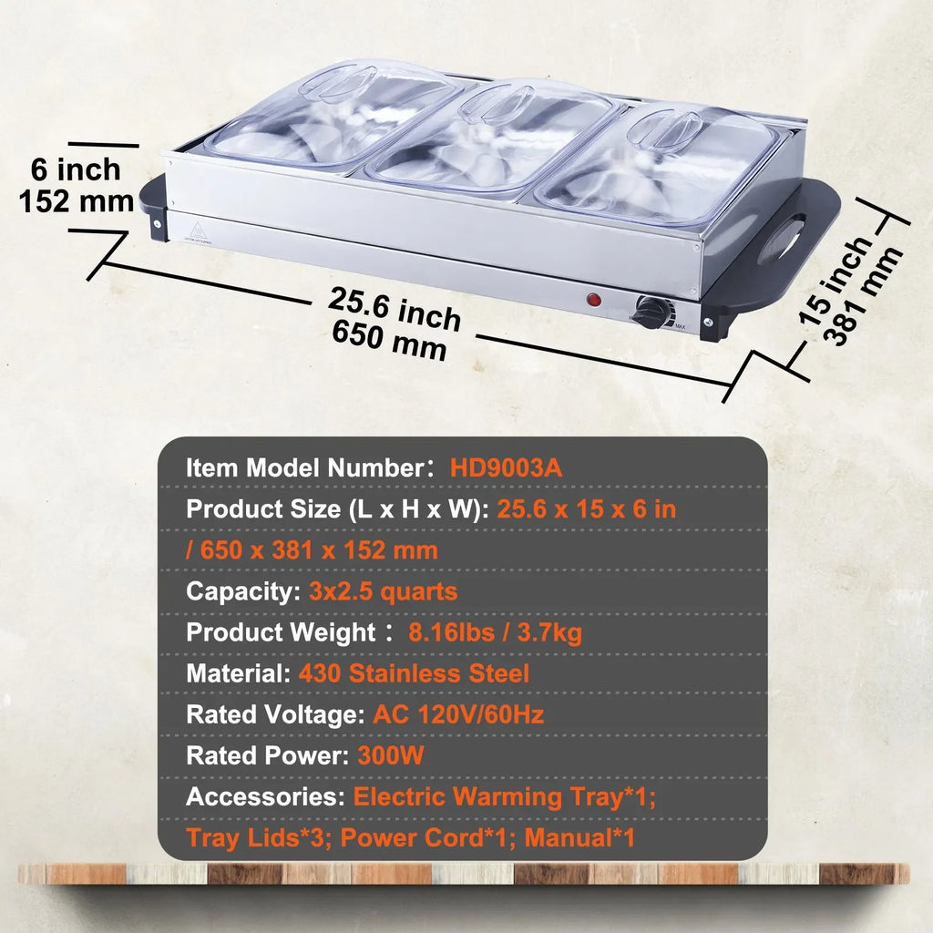 VEVOR Electric Buffet Server Food Warmer 25.6" X 15" Portable Stainless Steel Chafing Dish Set with Temp Control  Oven-Safe Pan GB Vedex