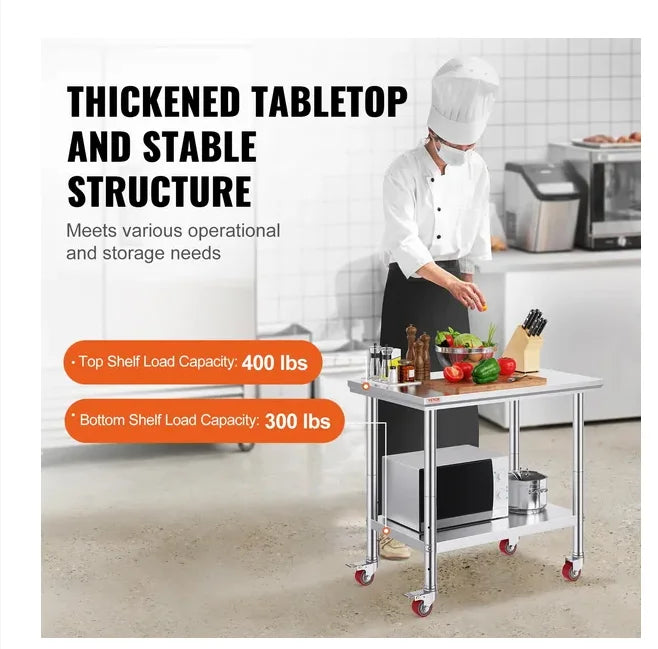 VEVOR Stainless Steel Work Table 36x24 Inch with 4 Wheels Commercial Food Prep Worktable with Casters Heavy Duty Work Table GB Vedex