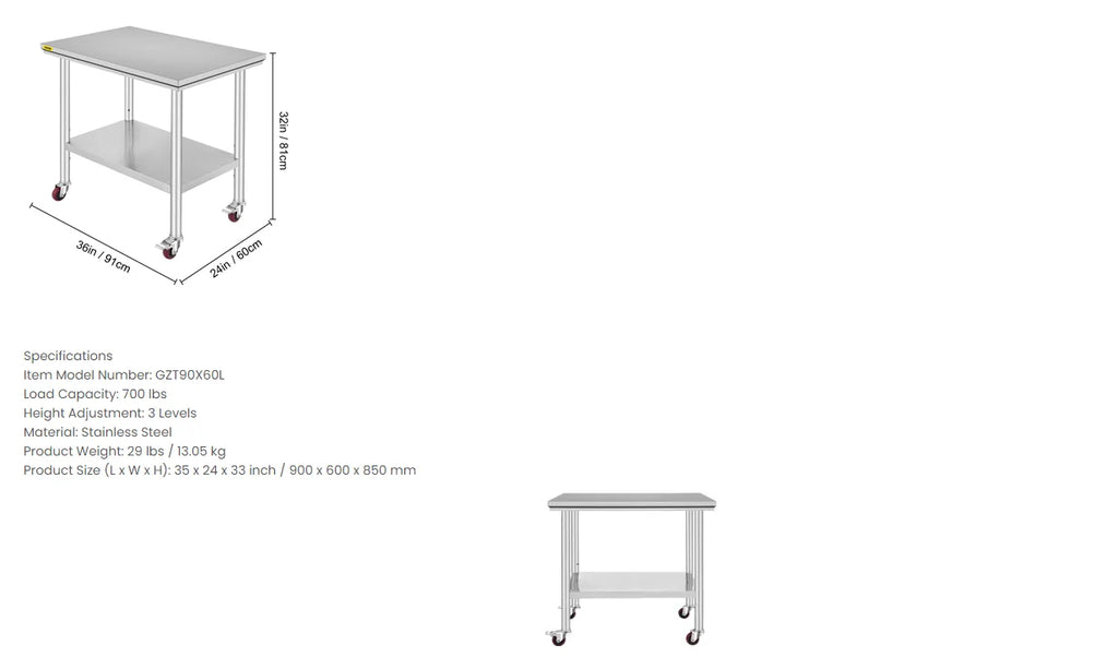 VEVOR Stainless Steel Work Table 36x24 Inch with 4 Wheels Commercial Food Prep Worktable with Casters Heavy Duty Work Table GB Vedex