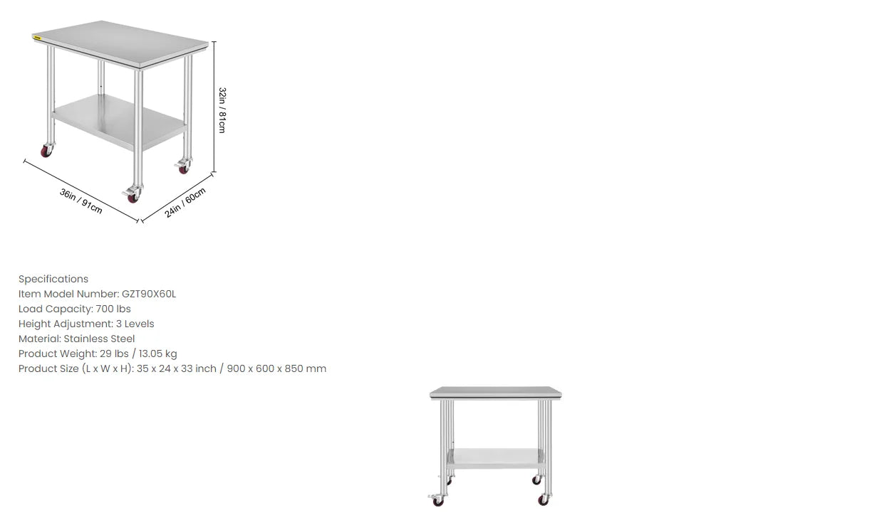 VEVOR Stainless Steel Work Table 36x24 Inch with 4 Wheels Commercial Food Prep Worktable with Casters Heavy Duty Work Table GB Vedex