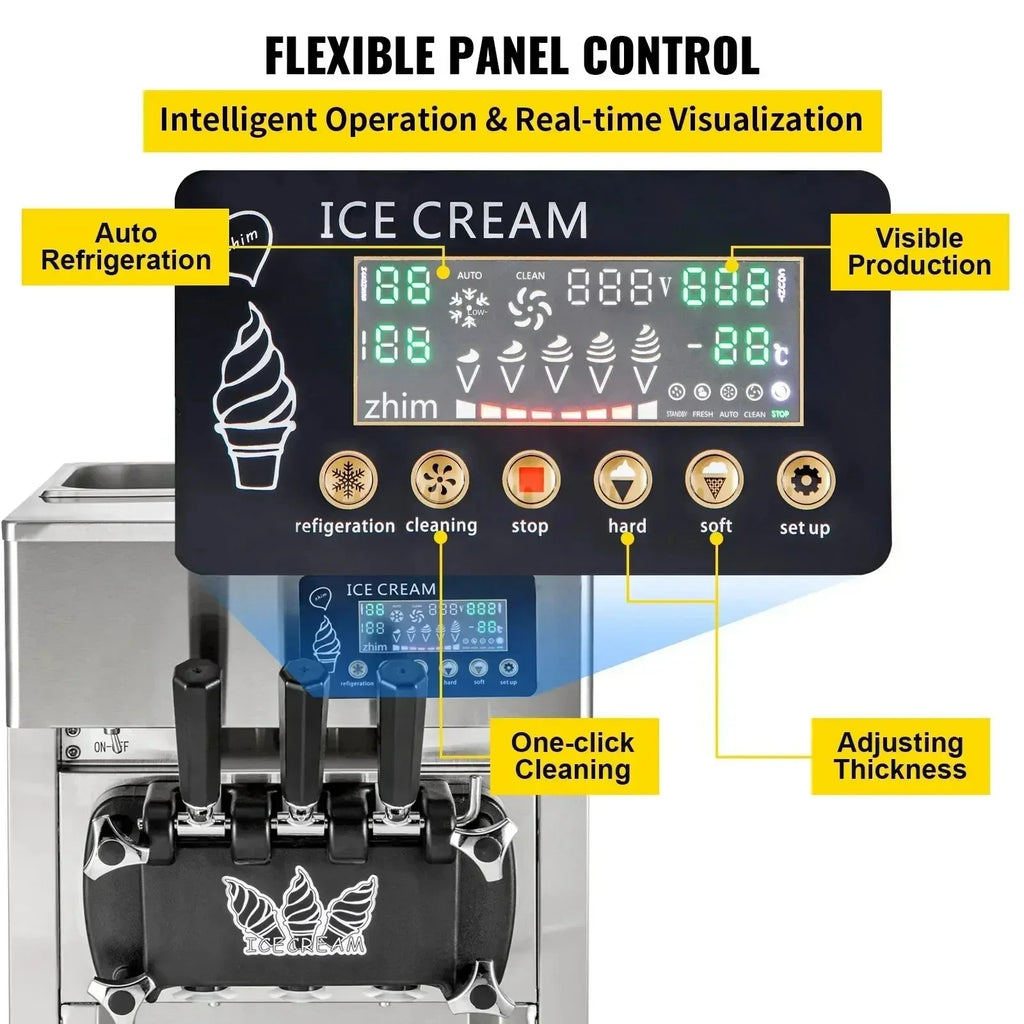 Машина за Мек Сладолед A168 – 1200W, LCD Панел, 3 Вкуса, 4 Накрайника - GB Vedex