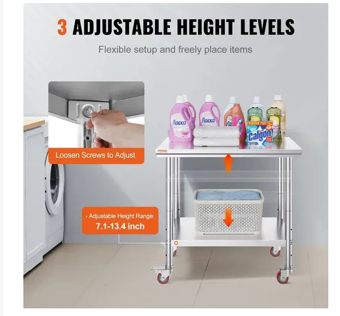 VEVOR Stainless Steel Work Table 36x24 Inch with 4 Wheels Commercial Food Prep Worktable with Casters Heavy Duty Work Table GB Vedex