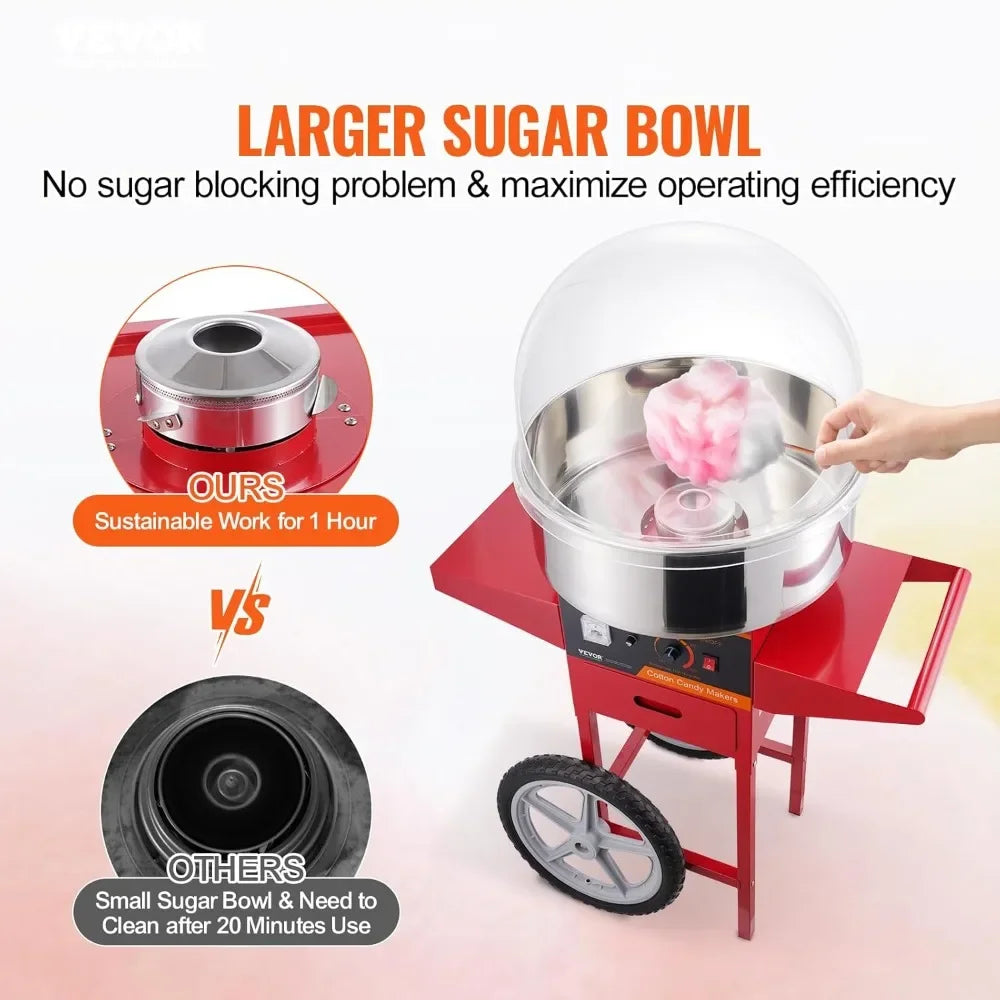 VEVOR Electric Cotton Candy Machine Cart with Cover, Commercial Floss Maker w/Stainless Steel Bowl, Sugar Scoop and Drawer, Perf - GB Vedex