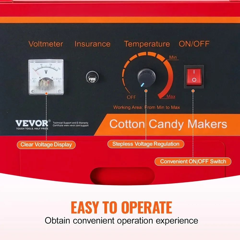 VEVOR Electric Cotton Candy Machine Cart with Cover, Commercial Floss Maker w/Stainless Steel Bowl, Sugar Scoop and Drawer, Perf - GB Vedex