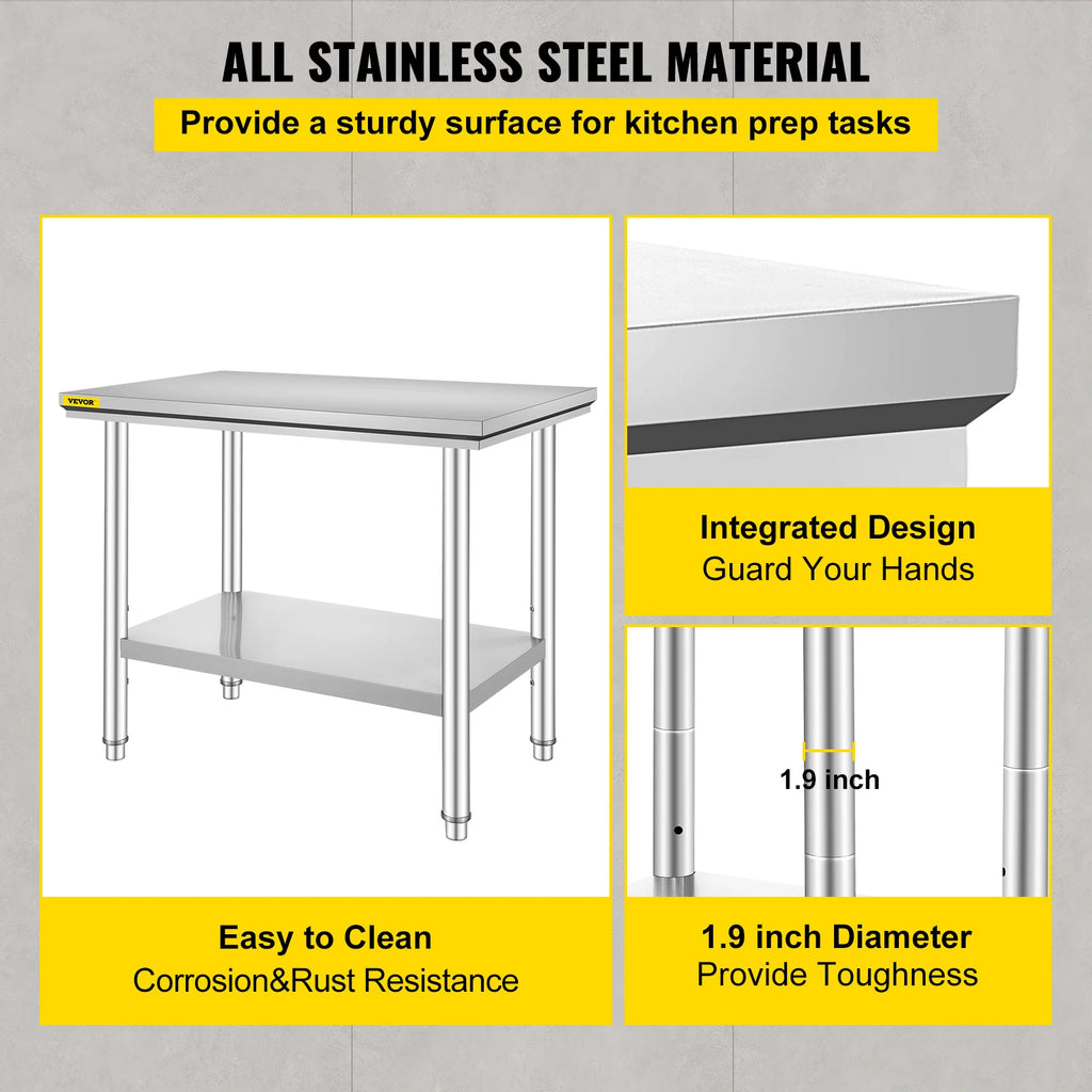 VEVOR Kitchen Work Bench Commercial Catering Table Worktable with Undershelf Stainless Steel 330LBS 286LBS for Restaurant Garage GB Vedex