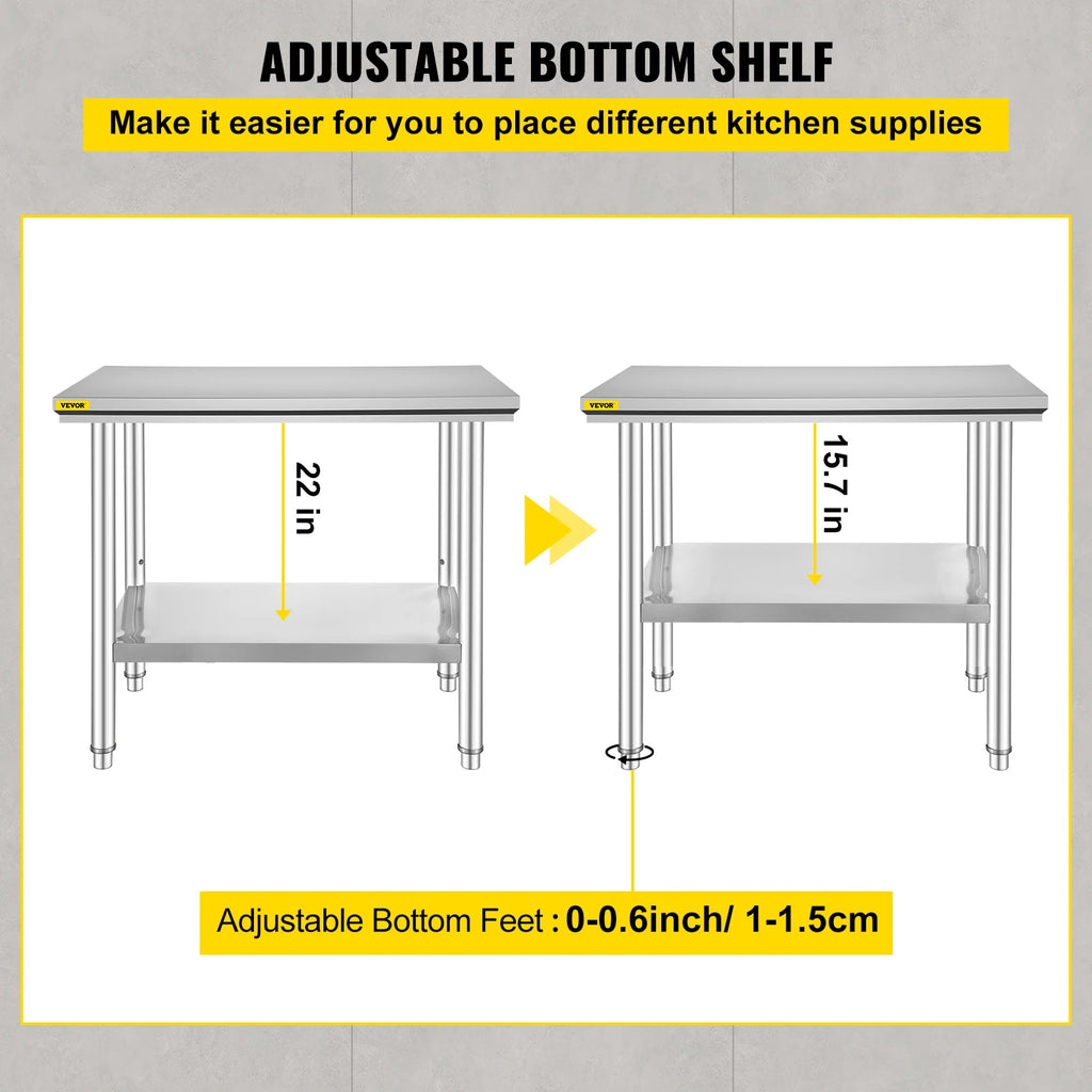 VEVOR Kitchen Work Bench Commercial Catering Table Worktable with Undershelf Stainless Steel 330LBS 286LBS for Restaurant Garage GB Vedex