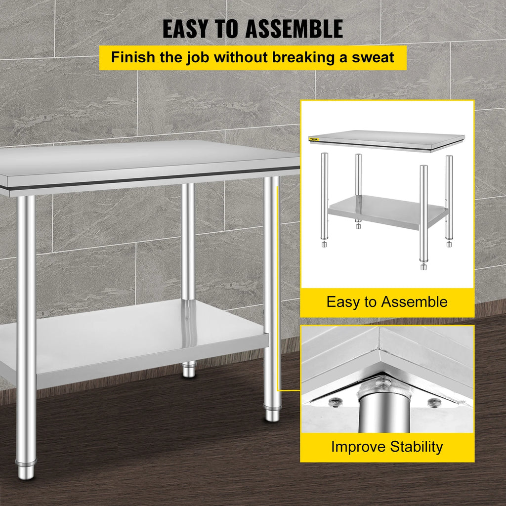 VEVOR Kitchen Work Bench Commercial Catering Table Worktable with Undershelf Stainless Steel 330LBS 286LBS for Restaurant Garage GB Vedex