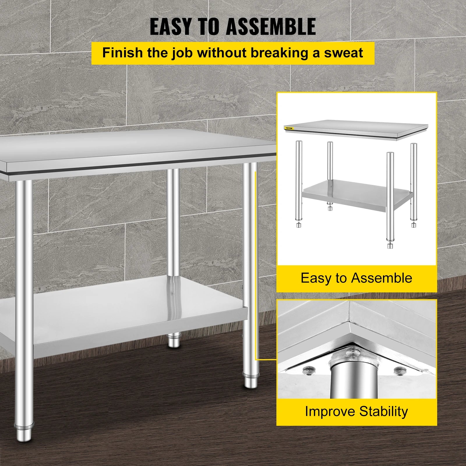 VEVOR Kitchen Work Bench Commercial Catering Table Worktable with Undershelf Stainless Steel 330LBS 286LBS for Restaurant Garage GB Vedex