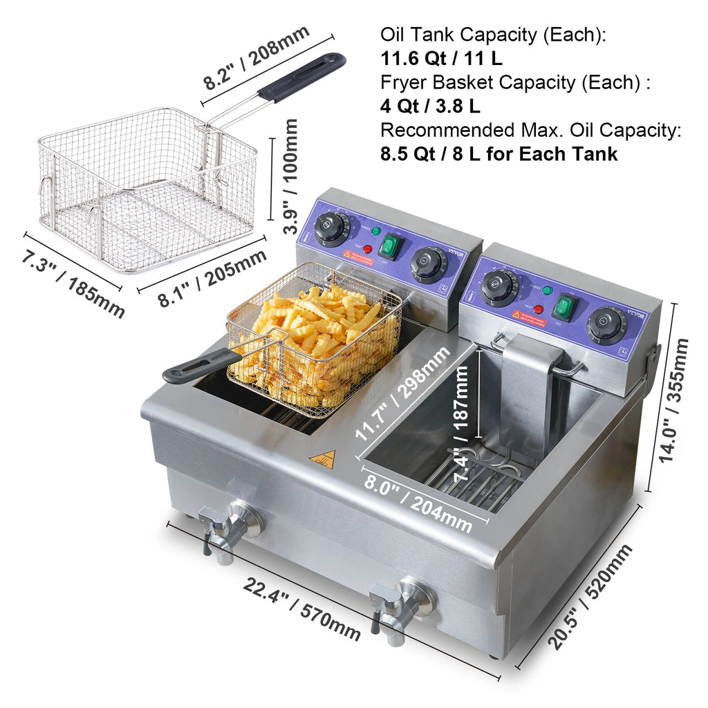 12L Electric Deep Fryer w/Dual Removable Tanks Commercial Countertop  Fryer for Chicken French Fries Frying Chips - GB Vedex