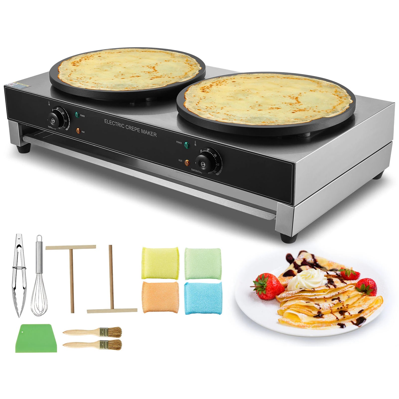 SucceBuy 16inch Electric Crepe Maker Double Head Commercial Crepe Machine 3400W Flat Plate Crepe Griddle Nonstick Pancake Stove GB Vedex