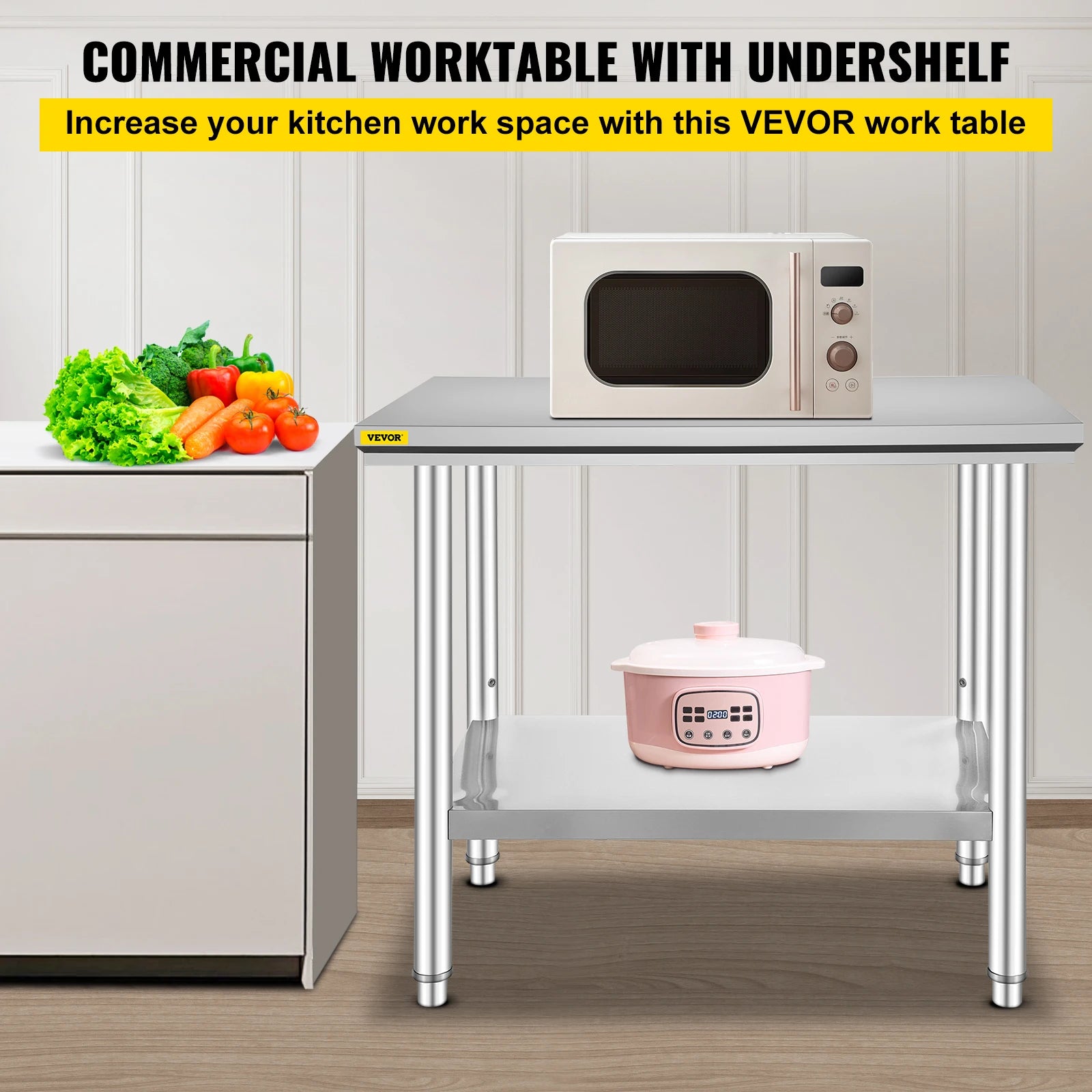 VEVOR Kitchen Work Bench Commercial Catering Table Worktable with Undershelf Stainless Steel 330LBS 286LBS for Restaurant Garage GB Vedex