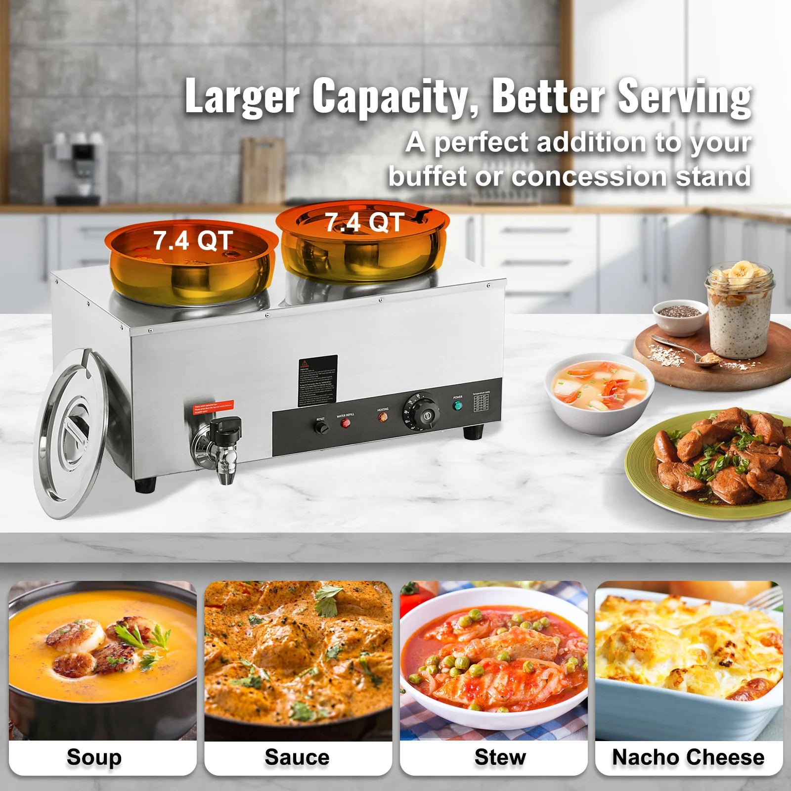 SucceBuy Electric Soup Warmer Dual 7.4QT Stainless Steel Round Pot 1200W Commercial Food Warmer for Restaurant, Buffet GB Vedex