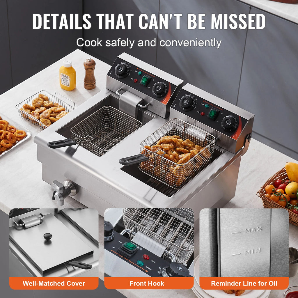 12L Electric Deep Fryer w/Dual Removable Tanks Commercial Countertop  Fryer for Chicken French Fries Frying Chips - GB Vedex