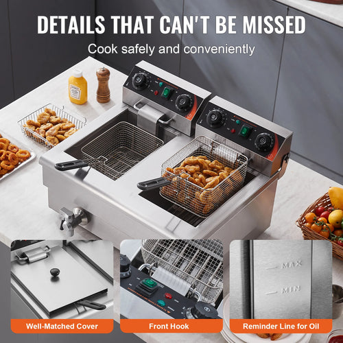12L Electric Deep Fryer w/Dual Removable Tanks Commercial Countertop  Fryer for Chicken French Fries Frying Chips - GB Vedex