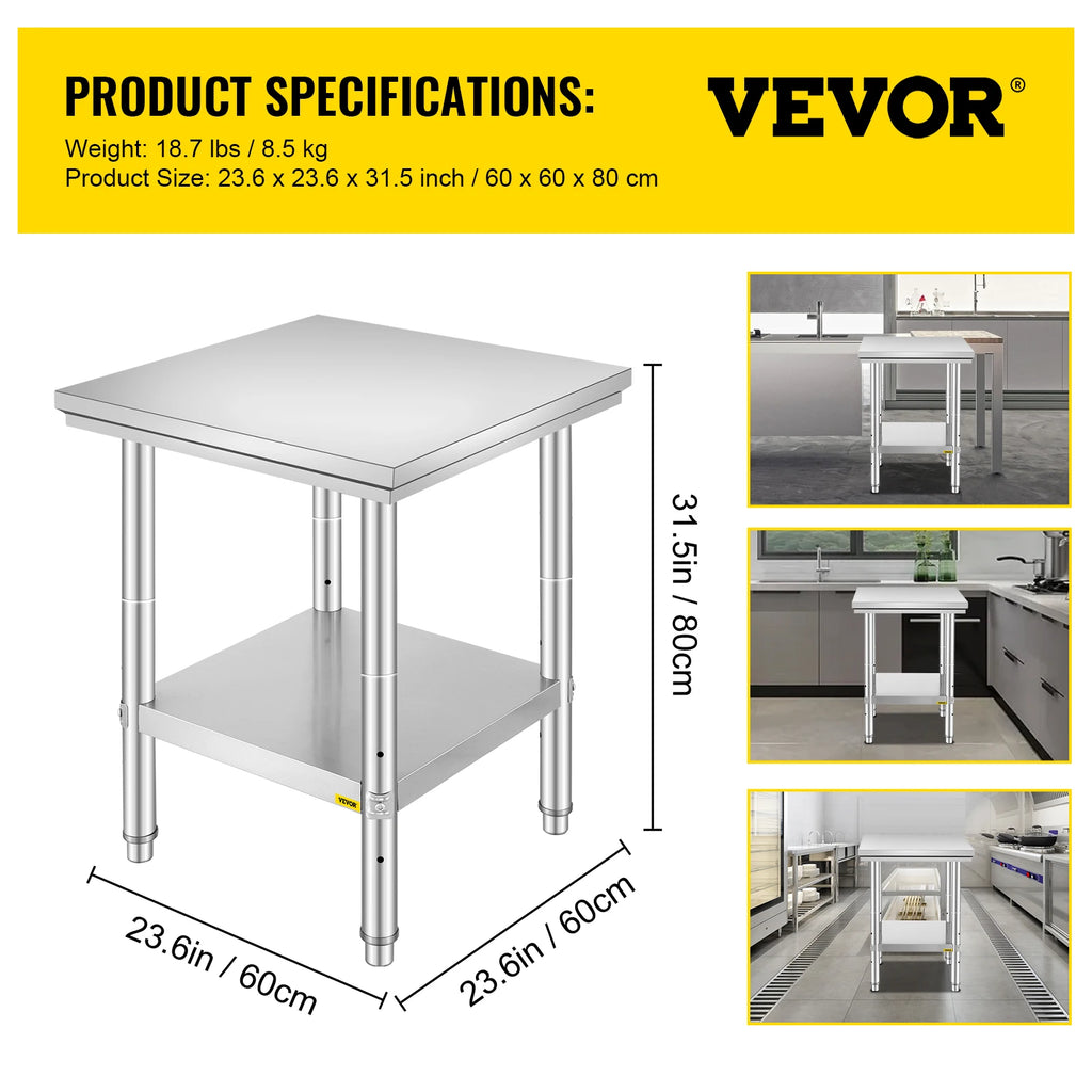 VEVOR Kitchen Work Bench Commercial Catering Table Worktable with Undershelf Stainless Steel 330LBS 286LBS for Restaurant Garage GB Vedex