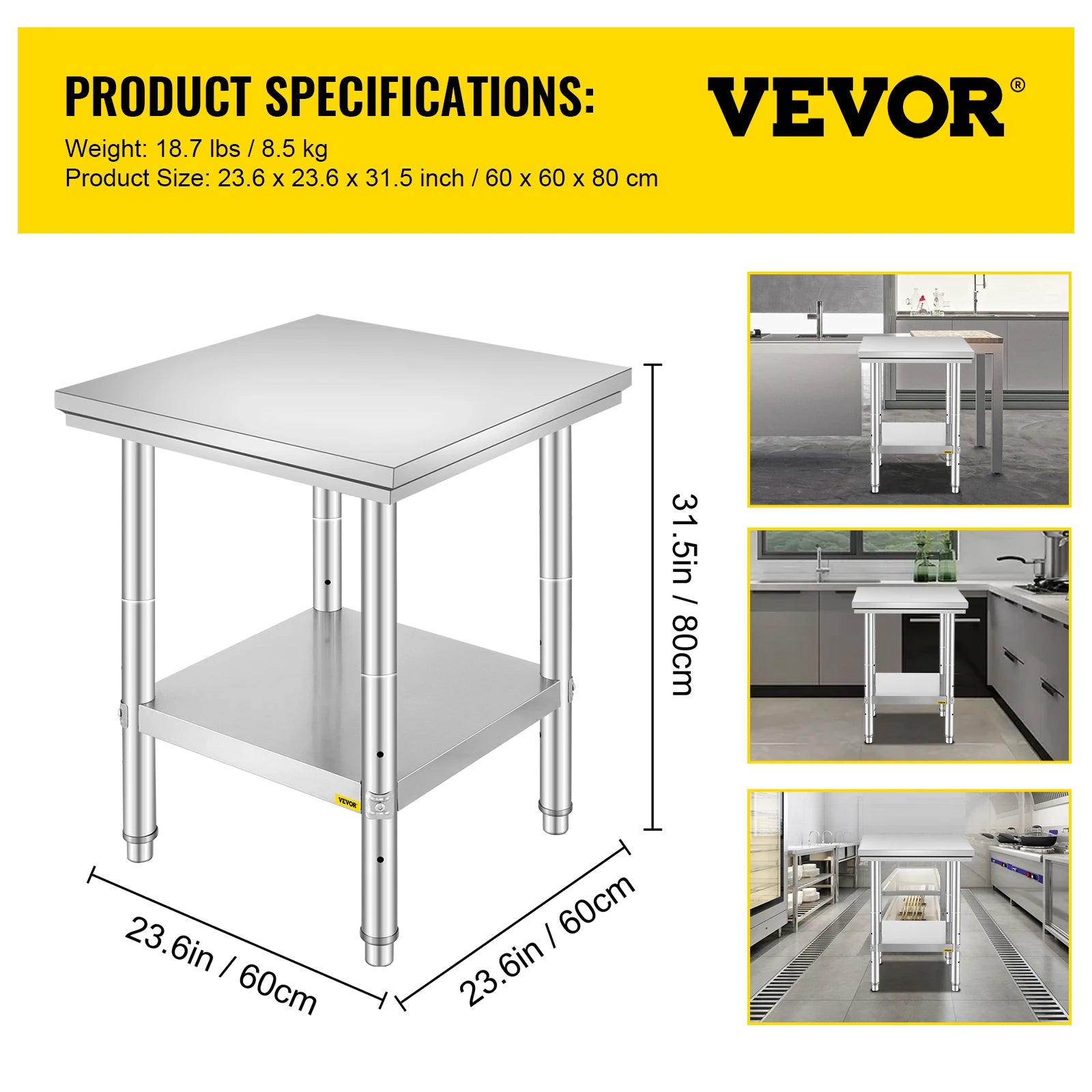 VEVOR Kitchen Work Bench Commercial Catering Table Worktable with Undershelf Stainless Steel 330LBS 286LBS for Restaurant Garage GB Vedex