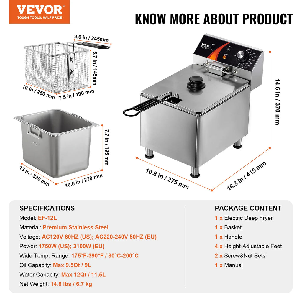 SucceBuy Commercial Deep Fryer Electric Countertop Fryer with Basket Stainless Steel Single Oil Fryer with Time & Temp Control - GB Vedex