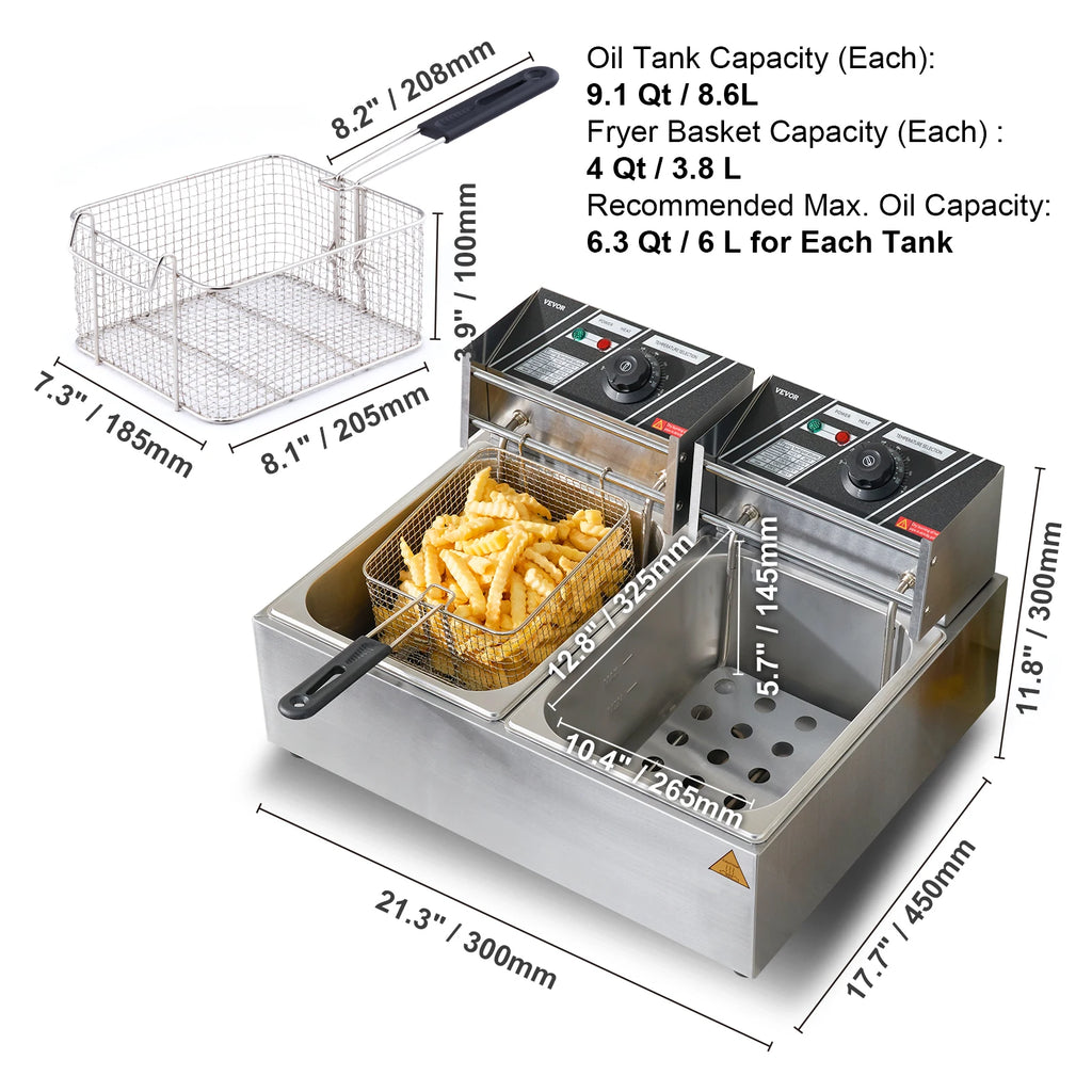 12L Electric Deep Fryer w/Dual Removable Tanks Commercial Countertop  Fryer for Chicken French Fries Frying Chips - GB Vedex