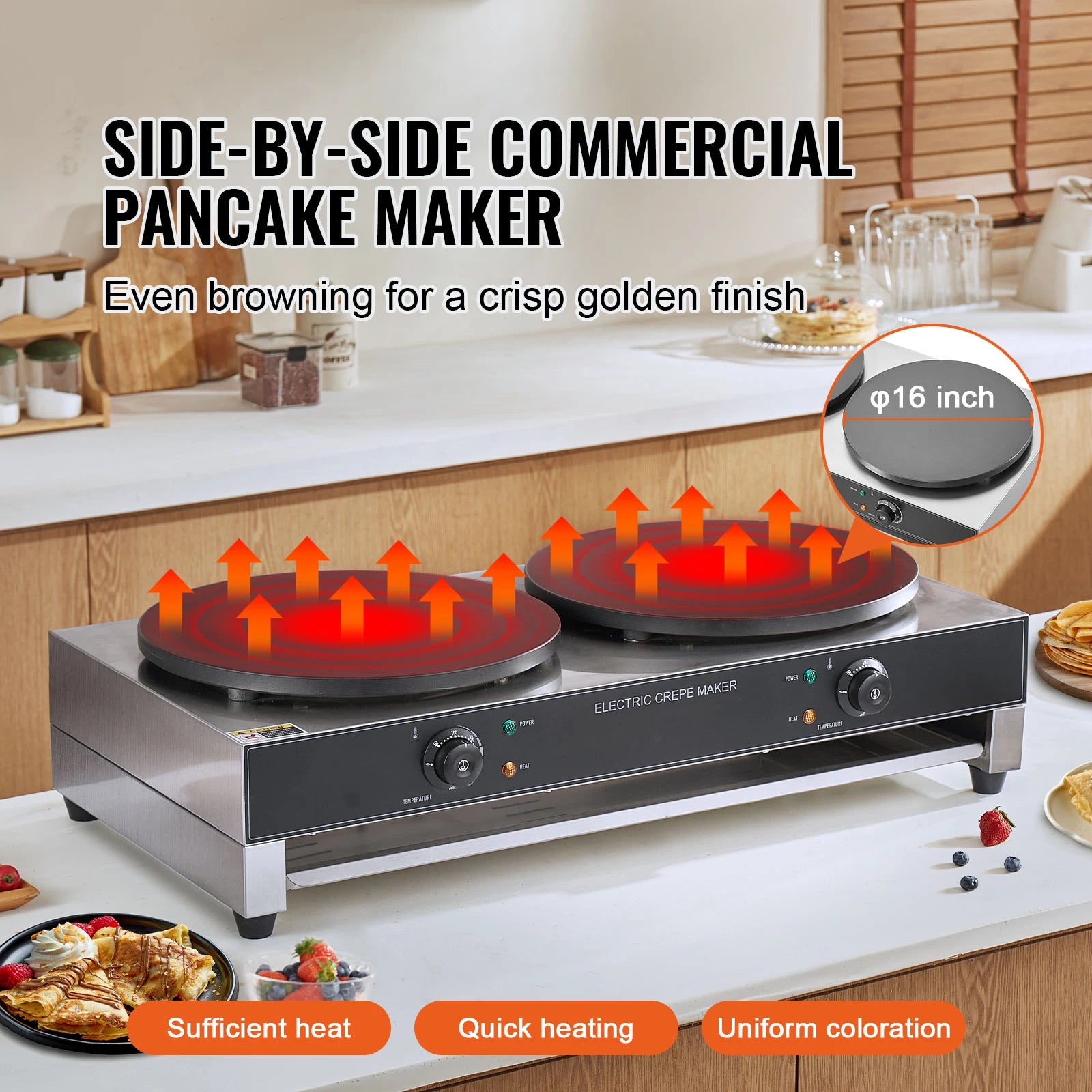 SucceBuy 16inch Electric Crepe Maker Double Head Commercial Crepe Machine 3400W Flat Plate Crepe Griddle Nonstick Pancake Stove GB Vedex