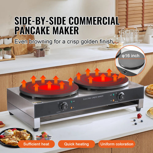 SucceBuy 16inch Electric Crepe Maker Double Head Commercial Crepe Machine 3400W Flat Plate Crepe Griddle Nonstick Pancake Stove GB Vedex
