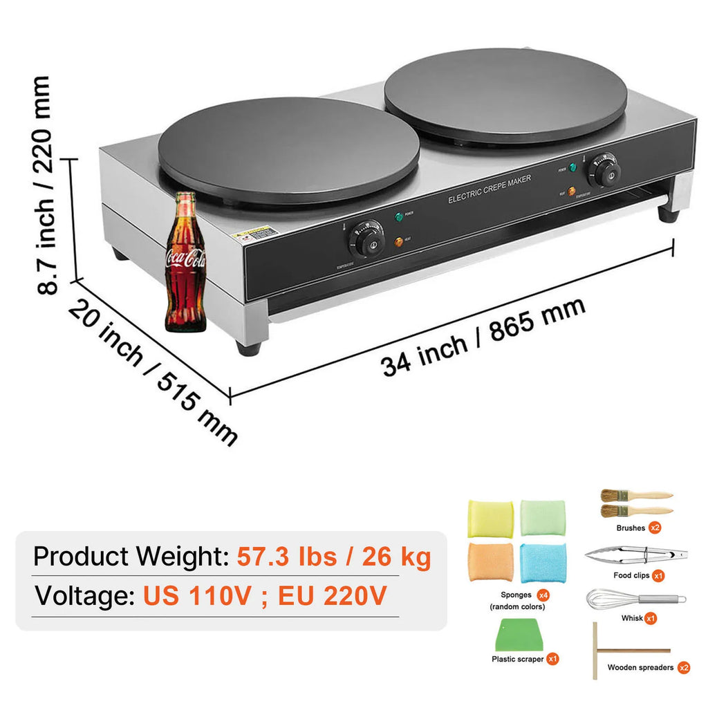 SucceBuy 16inch Electric Crepe Maker Double Head Commercial Crepe Machine 3400W Flat Plate Crepe Griddle Nonstick Pancake Stove GB Vedex