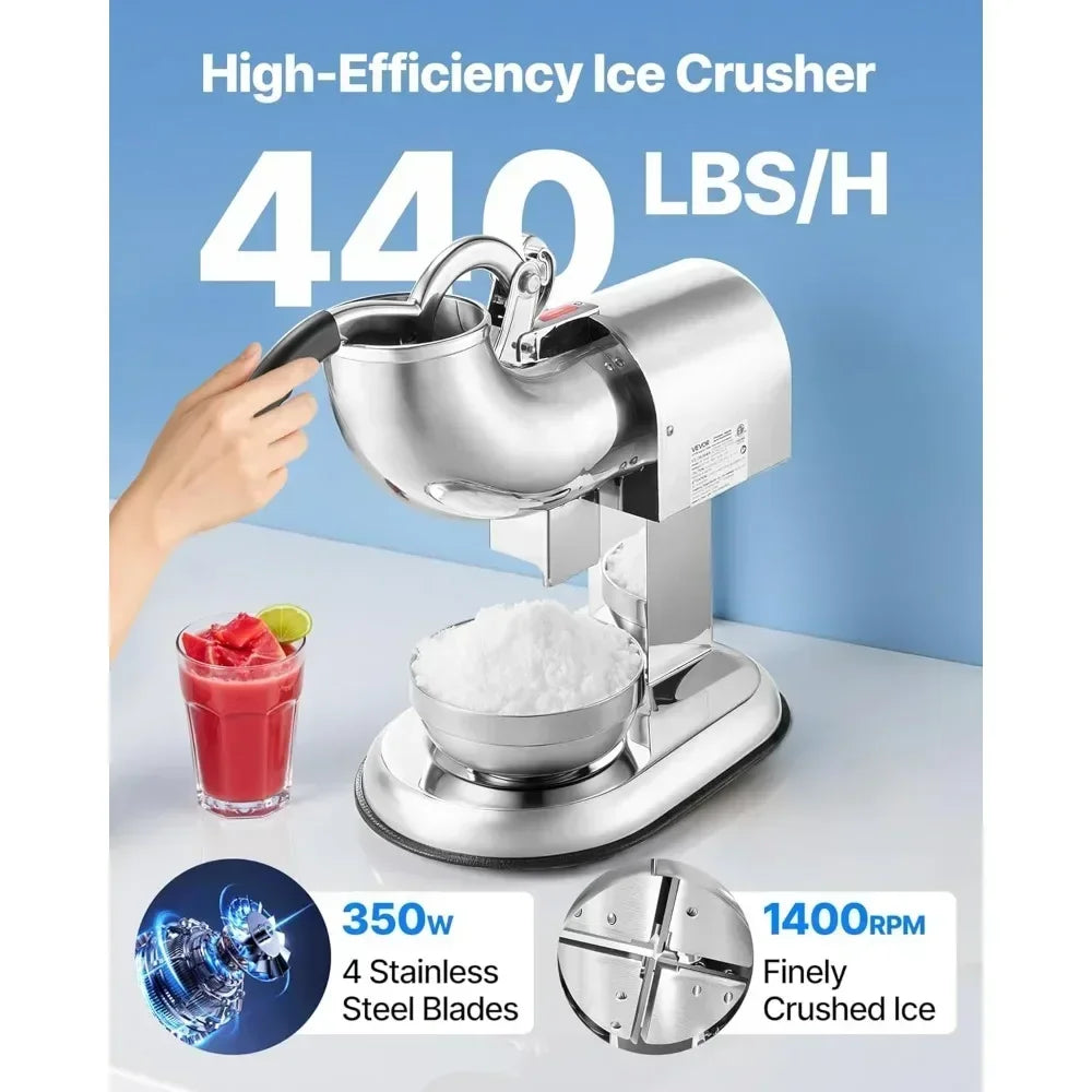 High-Capacity VEVOR Electric Ice Crusher, 440 lbs/Hour Stainless Steel Snow Cone Maker with Four Blades and Included Bowl - GB Vedex