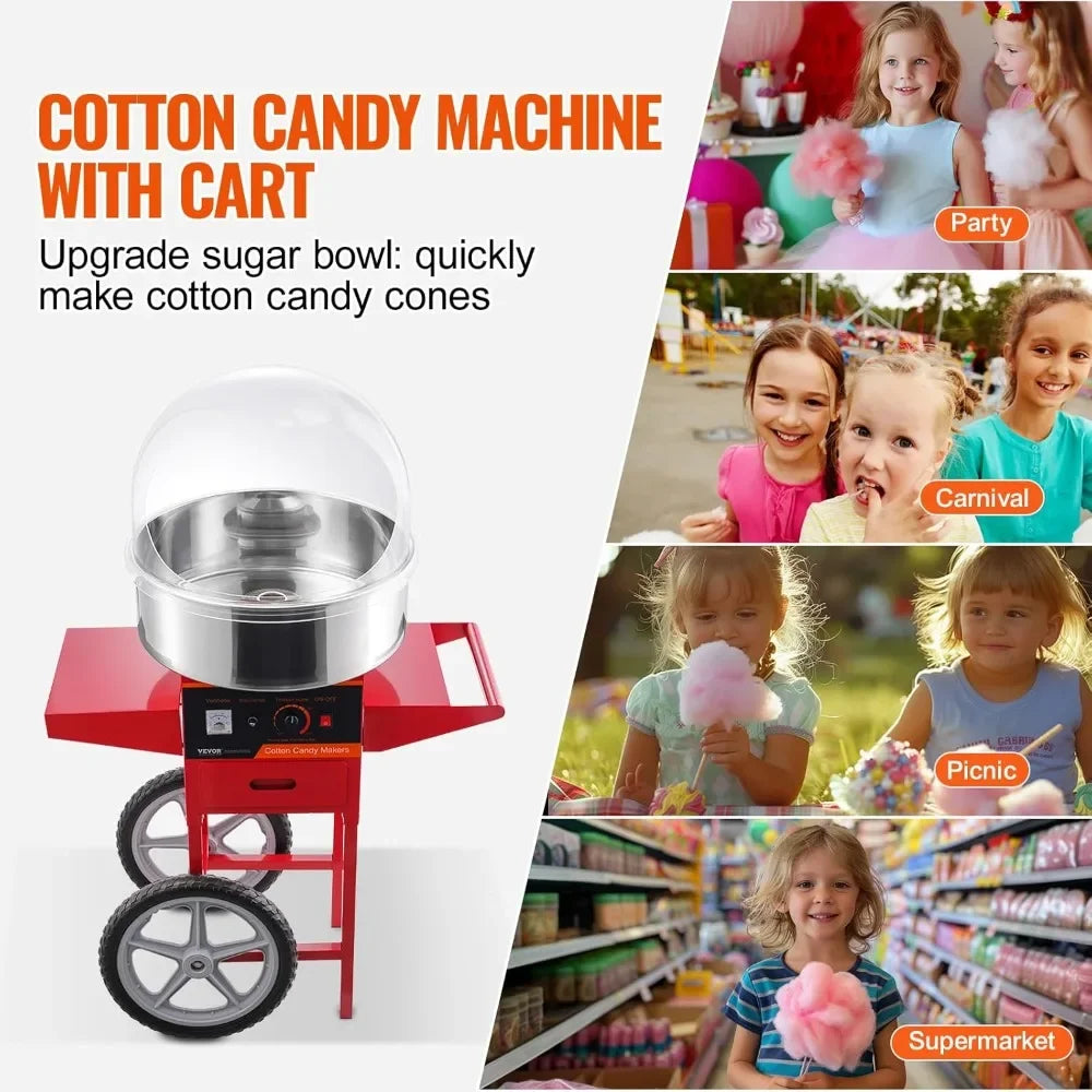 VEVOR Electric Cotton Candy Machine Cart with Cover, Commercial Floss Maker w/Stainless Steel Bowl, Sugar Scoop and Drawer, Perf - GB Vedex